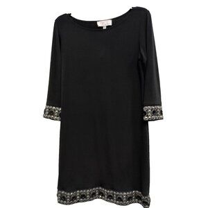 VTG Y2K EY Boutique Womens Shift Dress Small Black Embellished 3/4 Sleeve Modest